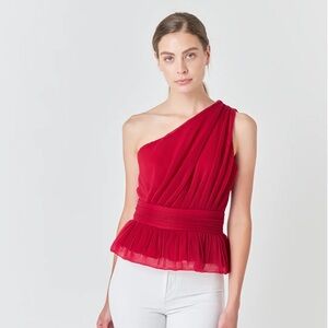 Endless Rose Tulle One Shoulder Top in Lipstick Red Size XS